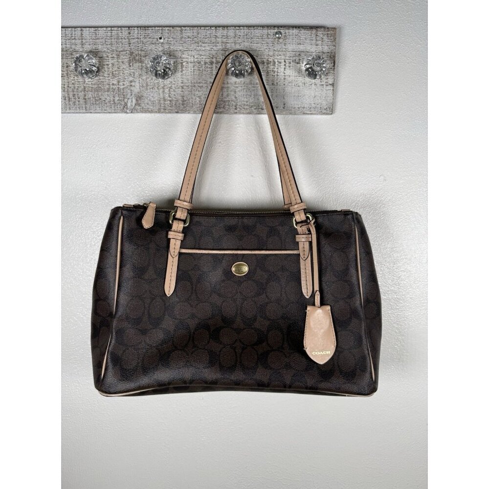 Coach Brown Signature Canvas Tote with Beige Leather Trim